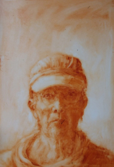 Self portrait in hat (mirror image)