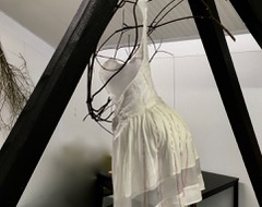 "TANGLED EMBRACE” : Media: Birch twigs, Stiffened white fabrics mixed, red embroidery threads.
The Yin-Yang elements represents the twofold, bi-polar characteristics of Argentine tango.